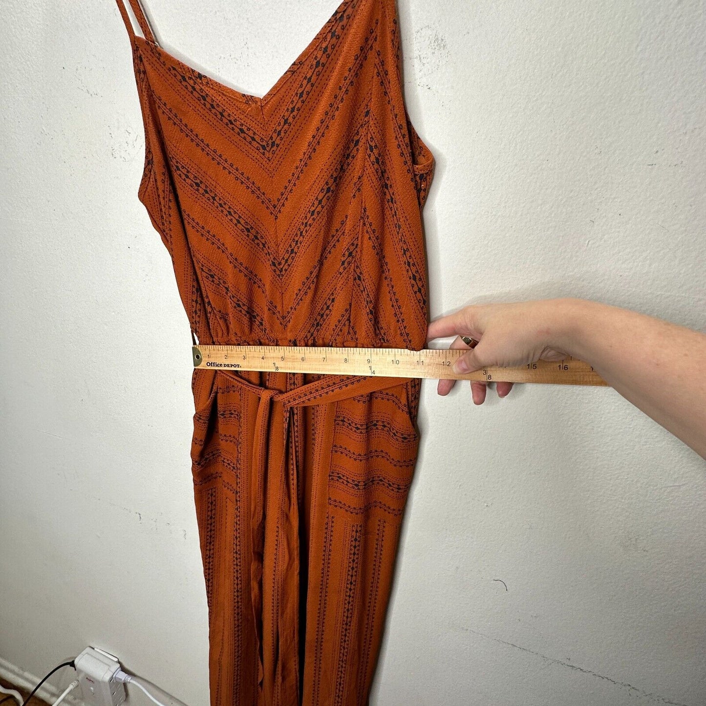 E & M Rust & Black Aztec Print V-Neck Spaghetti Strap Pockets Tie Waist Jumpsuit