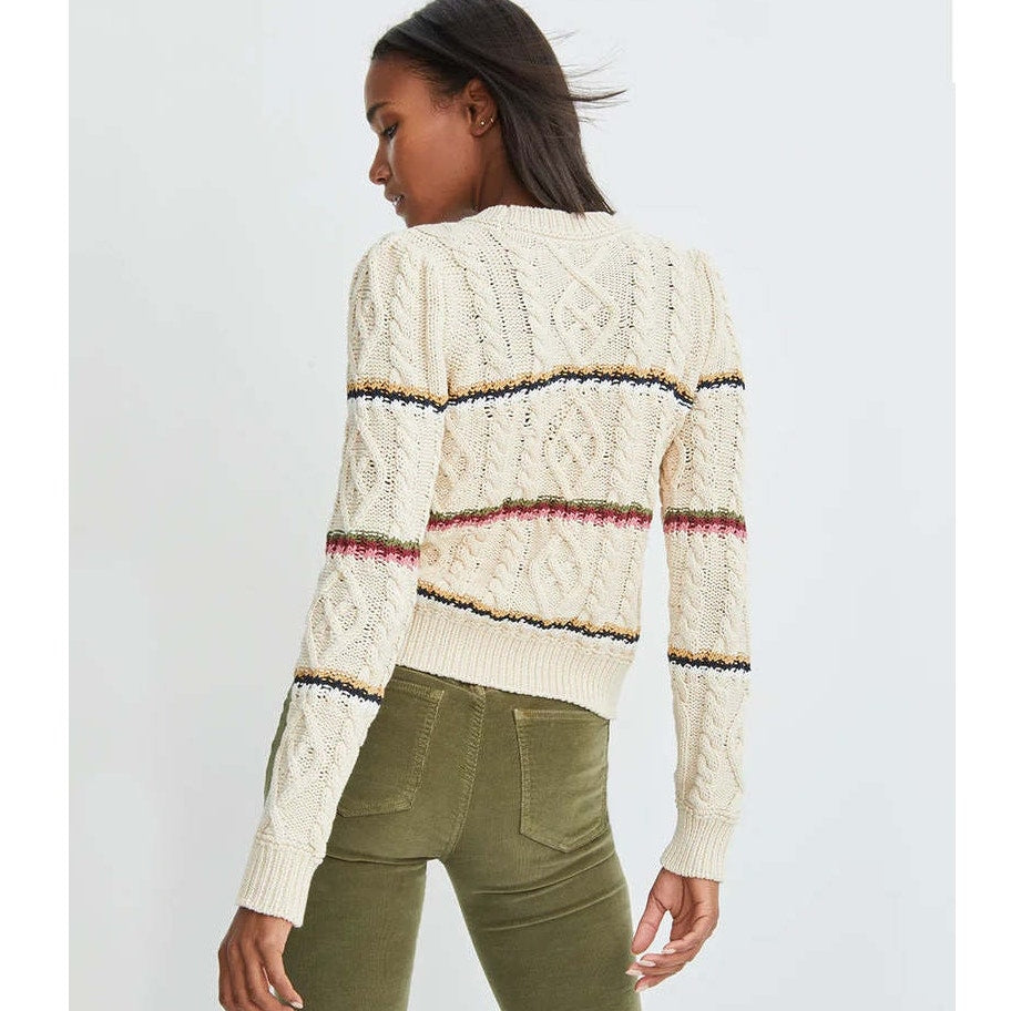 Veronica Beard Bruna Cream Black Multi Stripe Chunky Knit Long Sleeve Sweater M