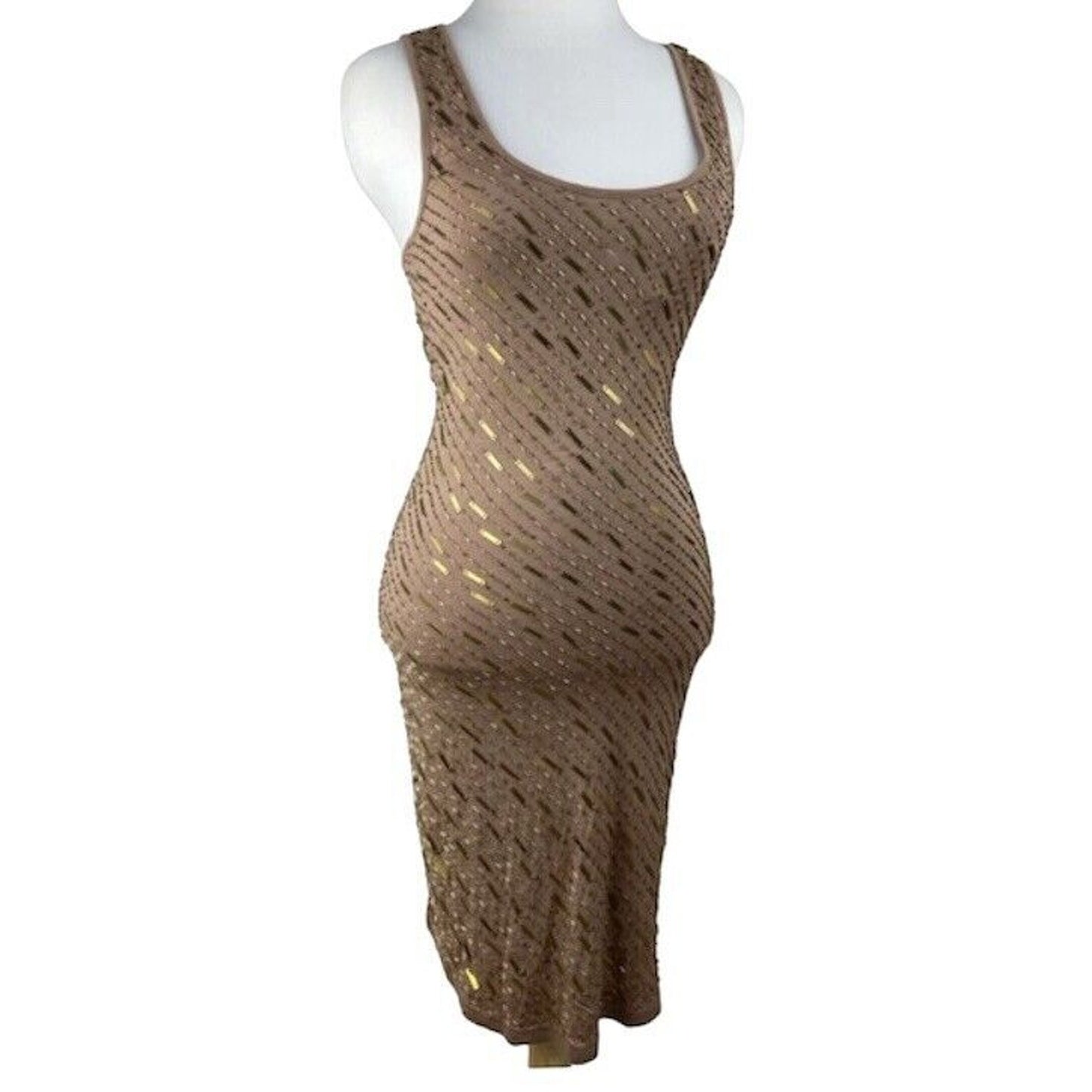 Haute Hippie Chocolate Brown Tank Mini Dress Side Ruche Gold & Beaded Adornment