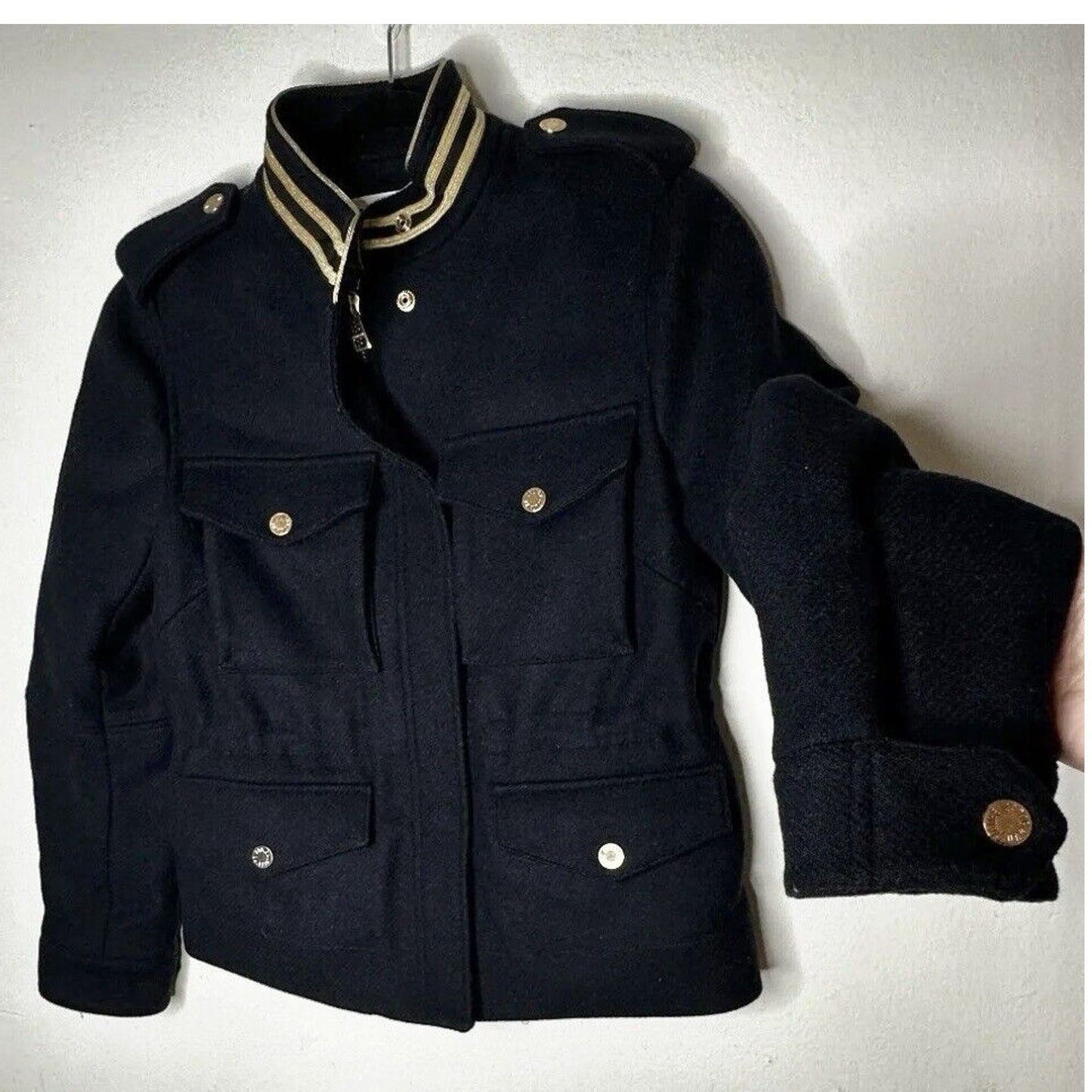 Zadig & Voltaire Wool Jacket Navy Gold Stand Collar Flap Pocket Zip Up Bomber SM