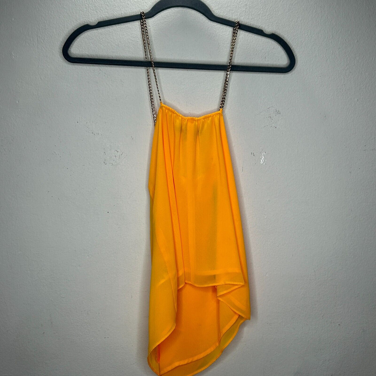 Marciano Yellow Semi-Sheer Tiered Ruffle Round Neck Gold Chain Straps Blouse S