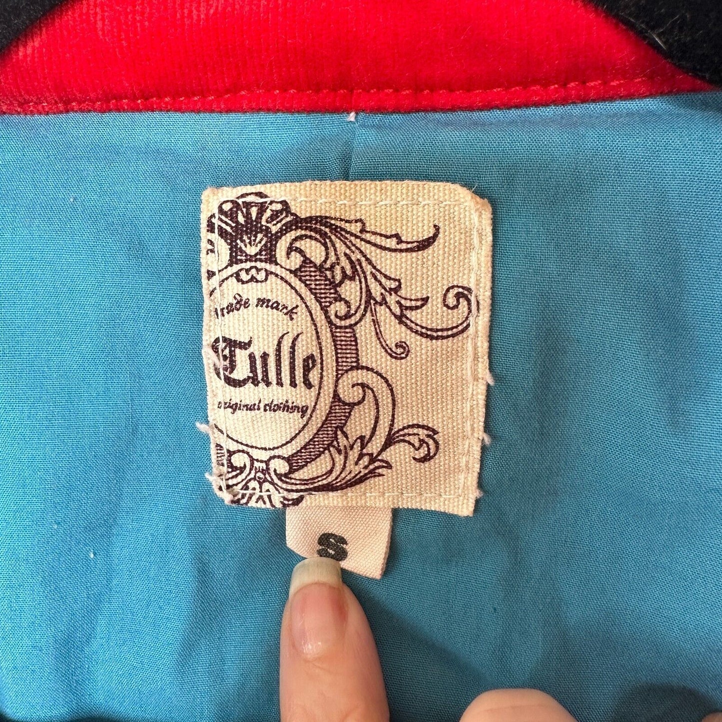 Tulle Red Corduroy Turquoise Lined Foldover Collar Jacket 3/4 Sleeves S