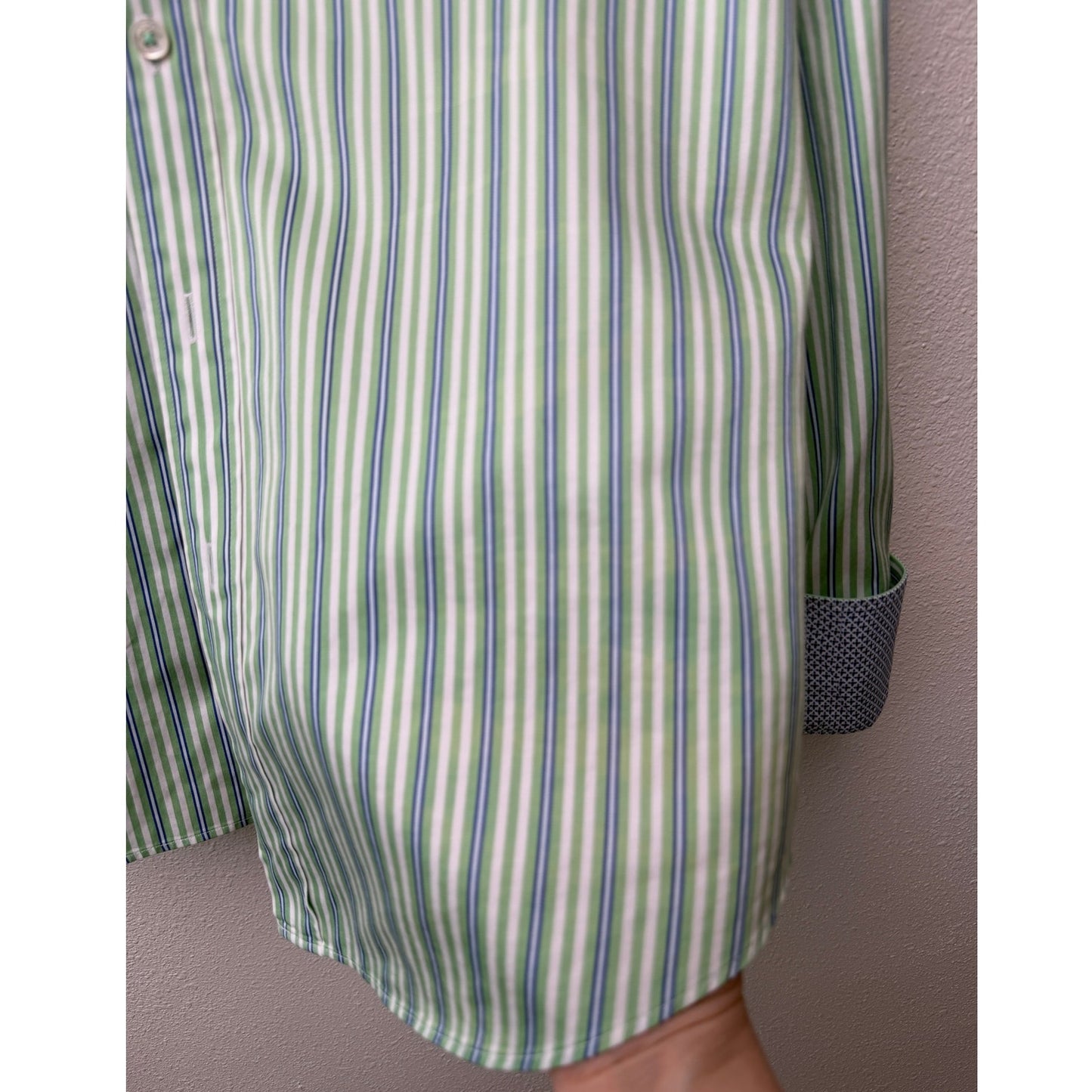 Bugatchi Shaped Fit Stripe Button Front Shirt Green Men’s L
