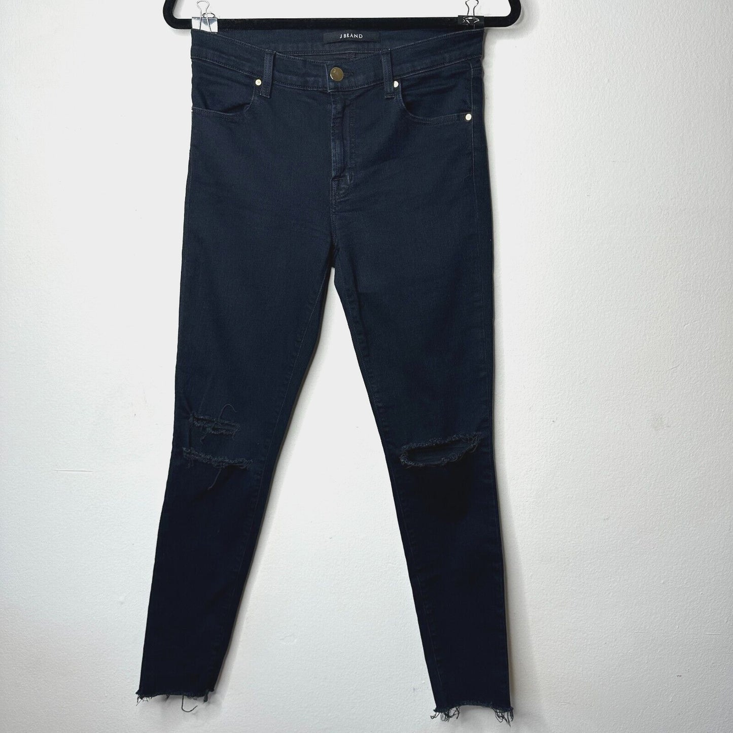 J Brand Crop Raw Hem Mid Rise Super Skinny Dark Blue Mercy Distressed Jeans 27