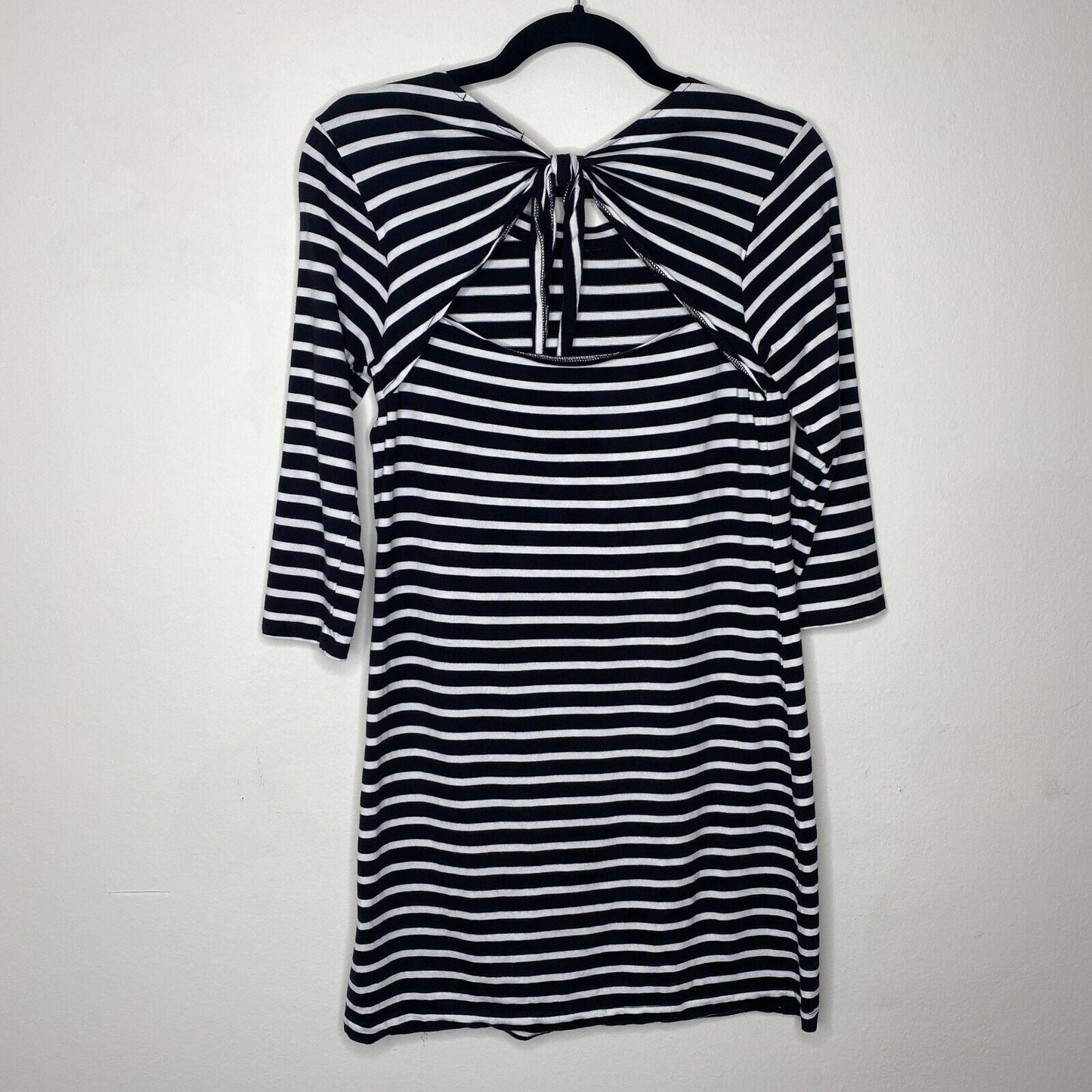 Evereve Sanctuary 3/4 Sleeve Black & White Stripe Open Back Tie Neck Dress XS