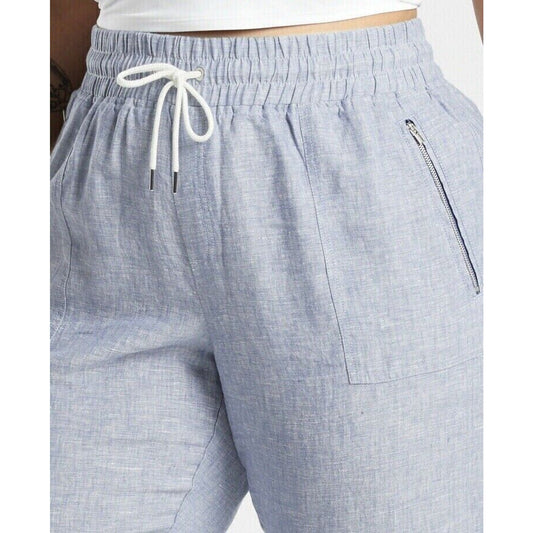 Athleta Chambray Blue Cabo Casual Linen Jogger Pant Tie Waist Front Zip 4