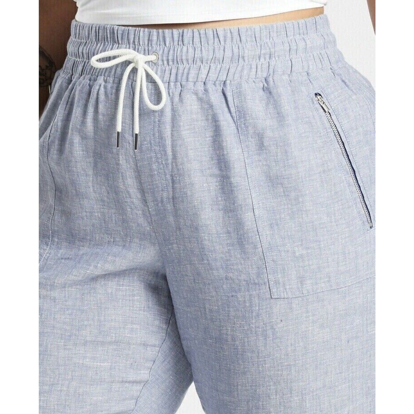 Athleta Chambray Blue Cabo Casual Linen Jogger Pant Tie Waist Front Zip 4