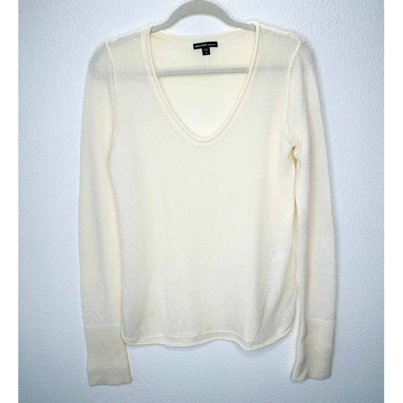 James Perse Cream Long Sleeve Scoop V Neck Cashmere Sweater 4 / XL