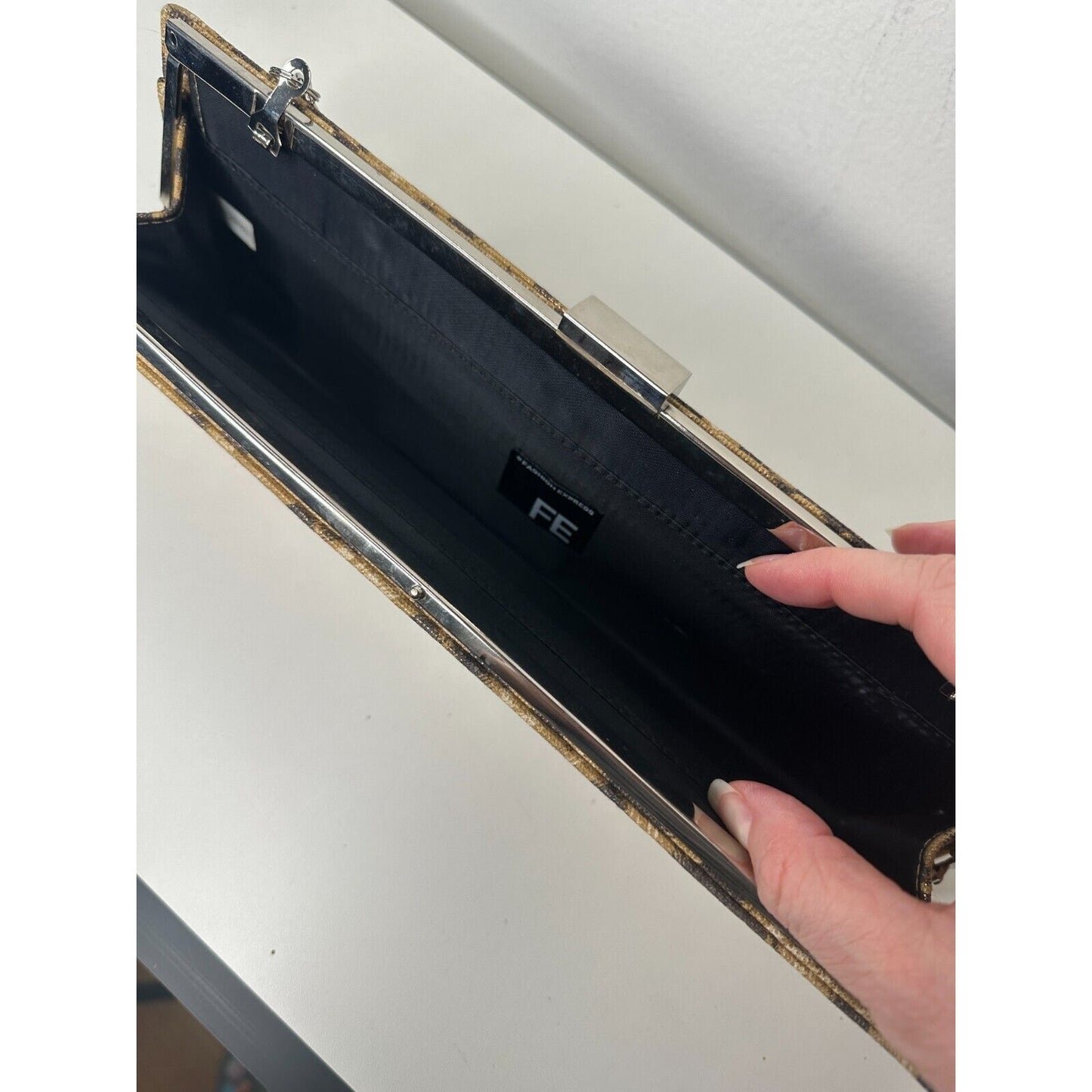 Vintage Fashion Express Leopard-Print Slim Clutch Silver Chain Strap Black Lined