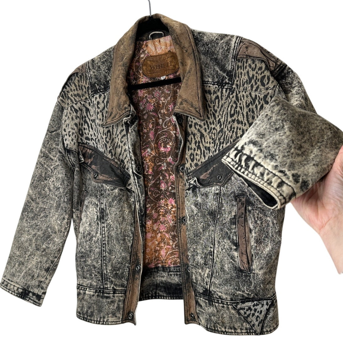 Winlit Vintage Tan Black Suede & Denim Acid Wash Animal Print Biker Jacket S
