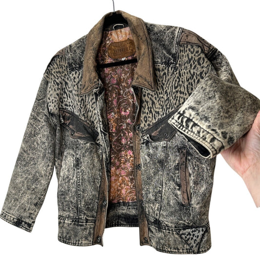 Winlit Vintage Tan Black Suede & Denim Acid Wash Animal Print Biker Jacket S