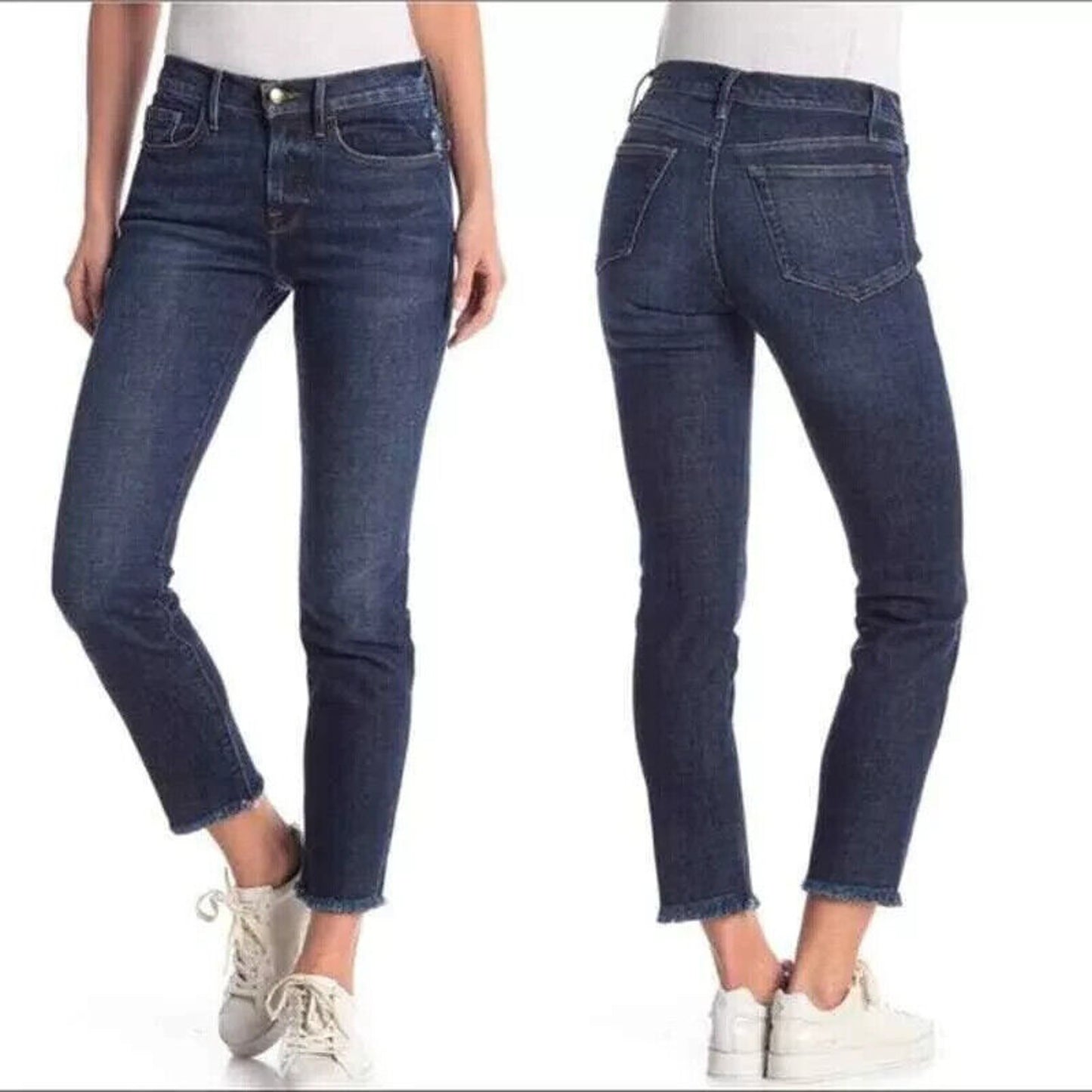 Frame Denim Le Boy Pondview Cropped Frayed Hem Straight Leg Jean Dark Wash 27