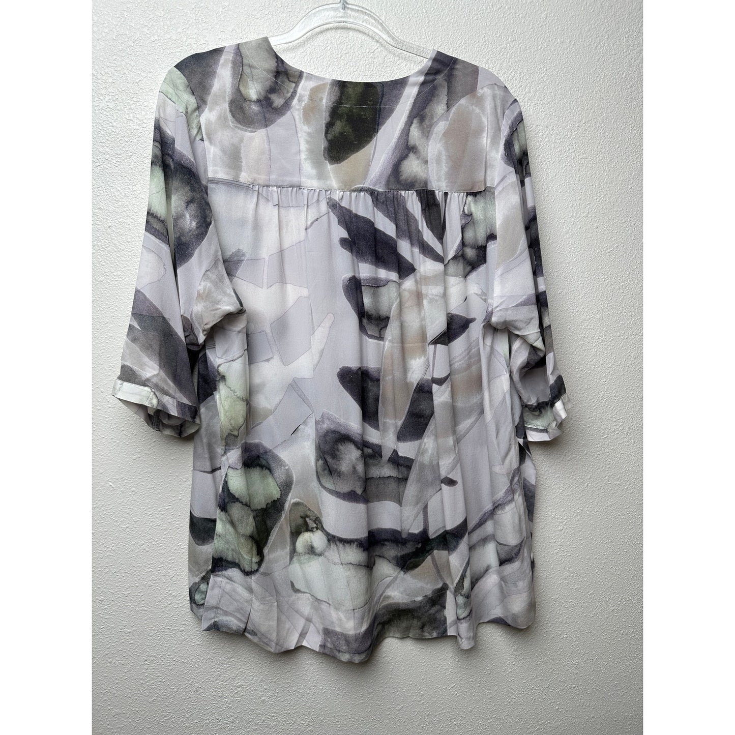 Poetry 100% Silk Blouse Gray Green Ivory Womens US 10 V Neck