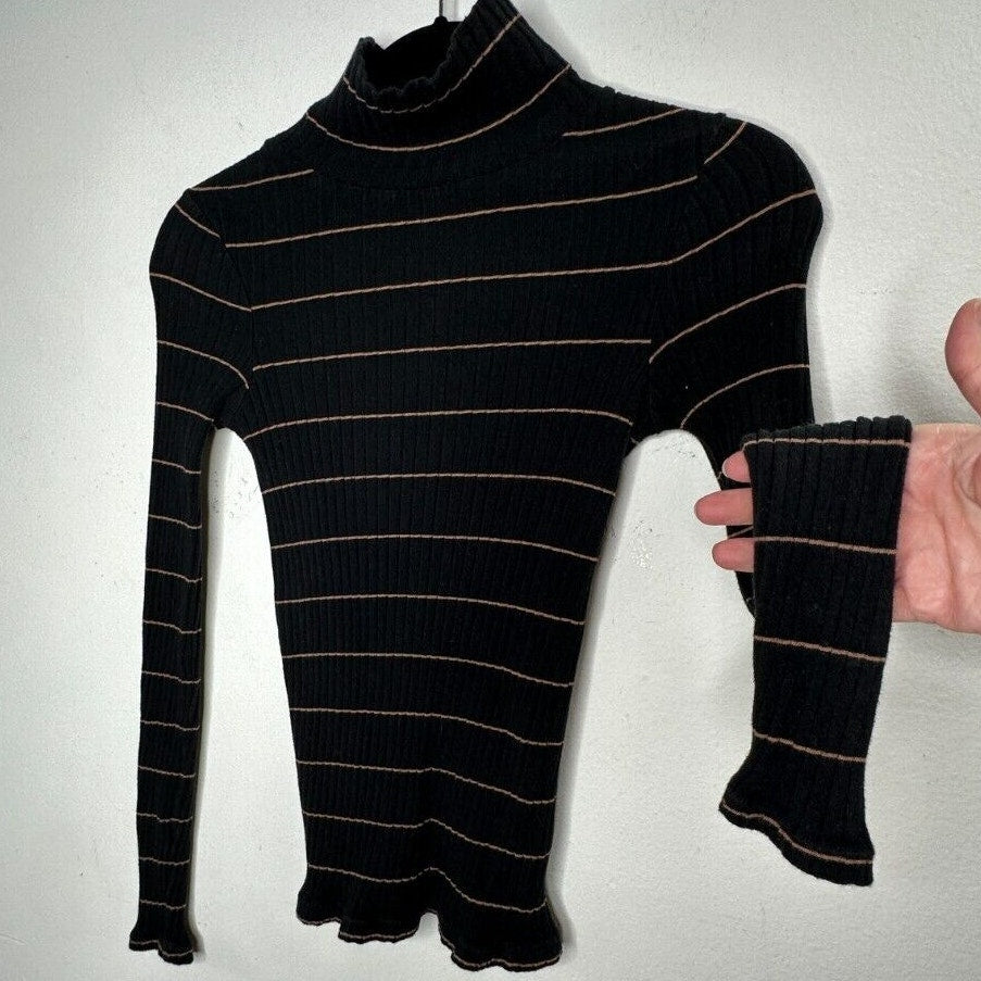 Vince Casual Black With Tan Stripe Ribbed Knit Turtleneck Long Sleeve Sweater XS