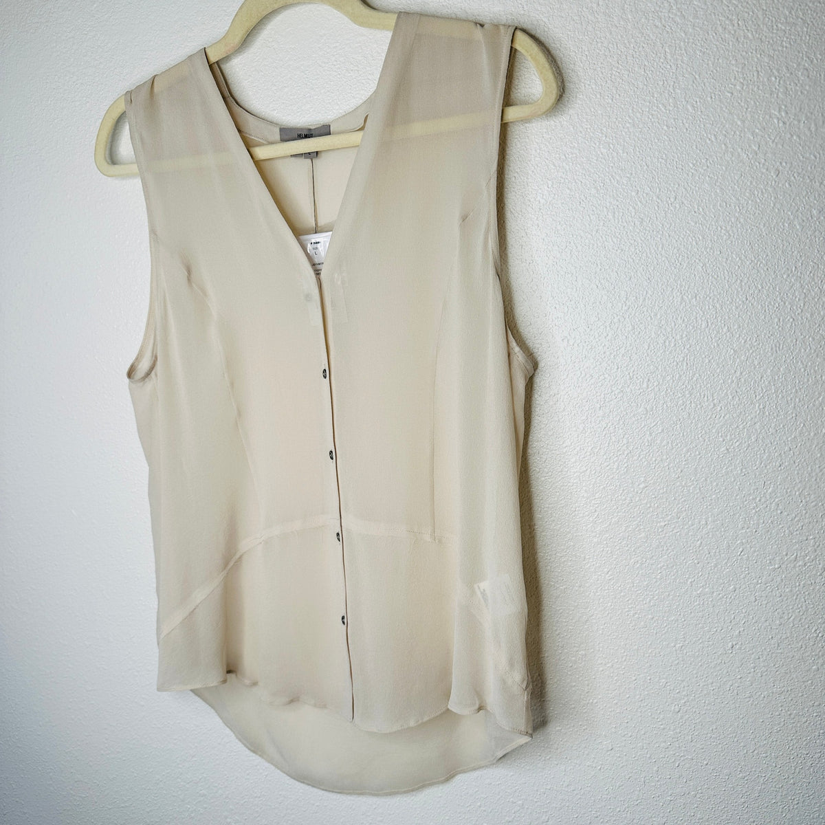 NWT Helmut Ghost 100% Sheer Silk in Salt V-Neck Sleeveless Blouse L