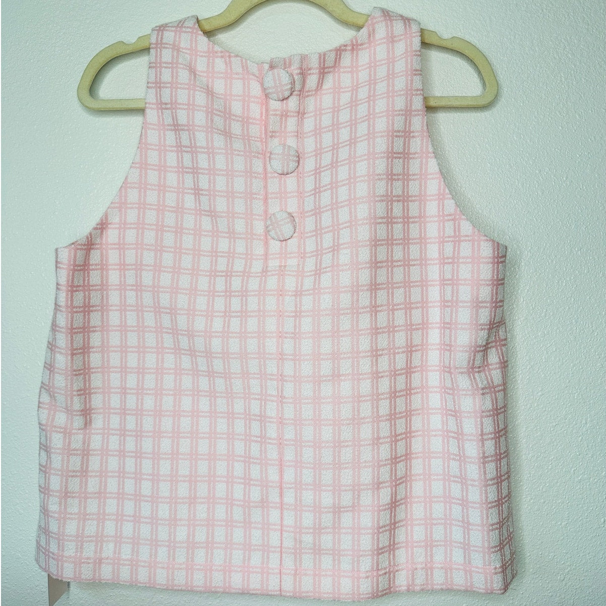 NWT Lisa Marie Fernandez Pink & White Check Boucle Back Button Sleeveless Top 4