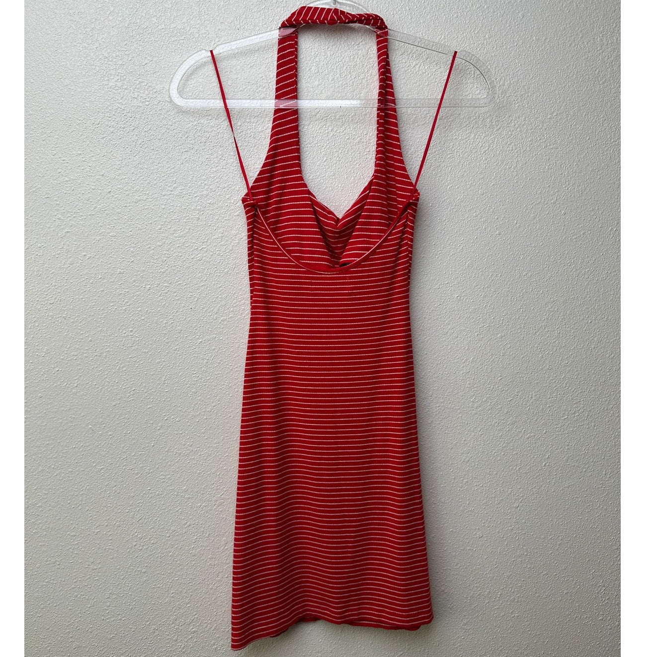 L Space Halter Mini Dress Red White Striped Ribbed Bodycon S