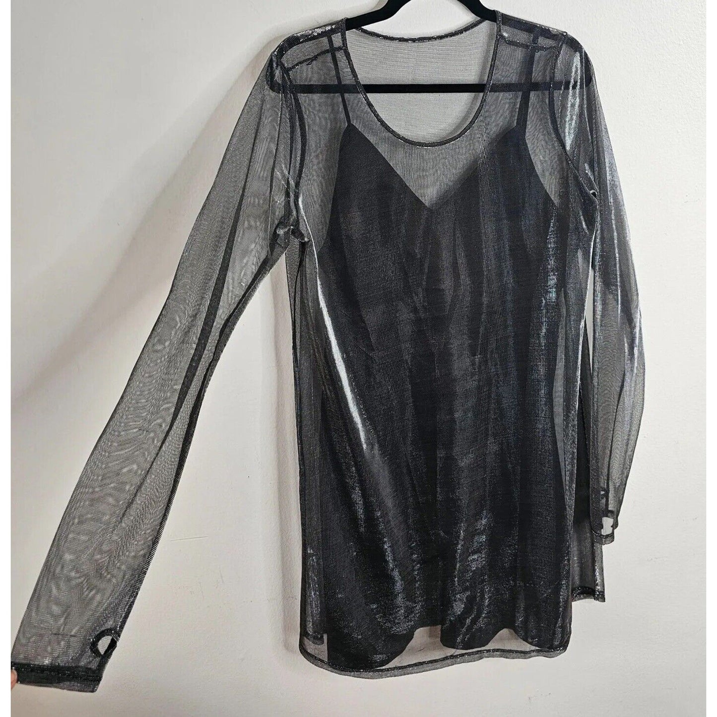 The Kooples Smokey Silver Metallic Sheer Round Neck Over Dress Black Slip Large