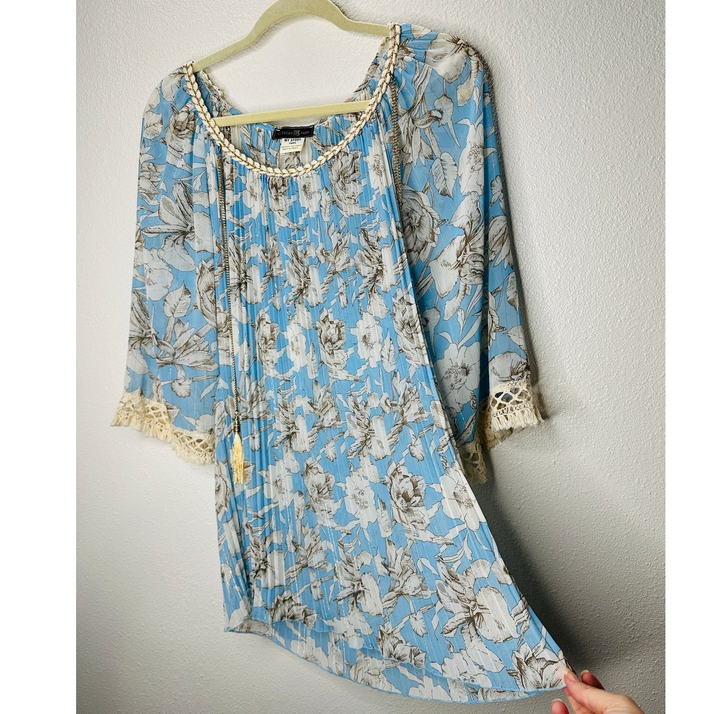 My Story Paris Cream & Blue Accordian Pleat 3/4 Sleeve Blouse S