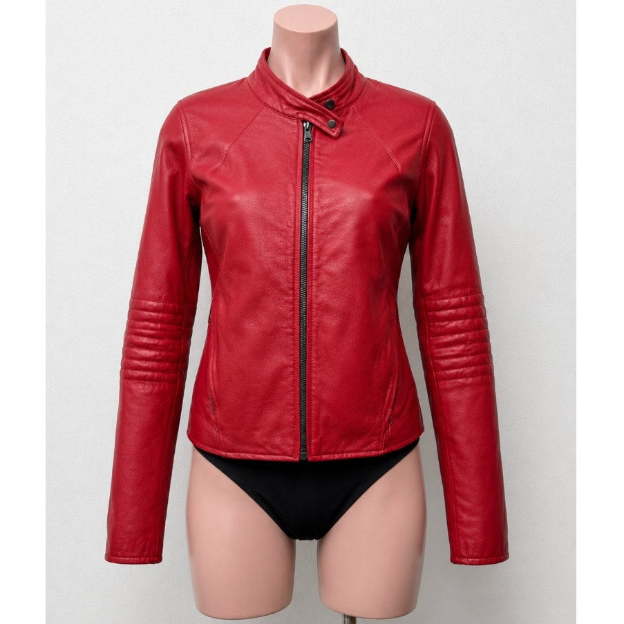 William B Cherry Red 100% Leather Moto Jacket Front Zip Silk Lining S