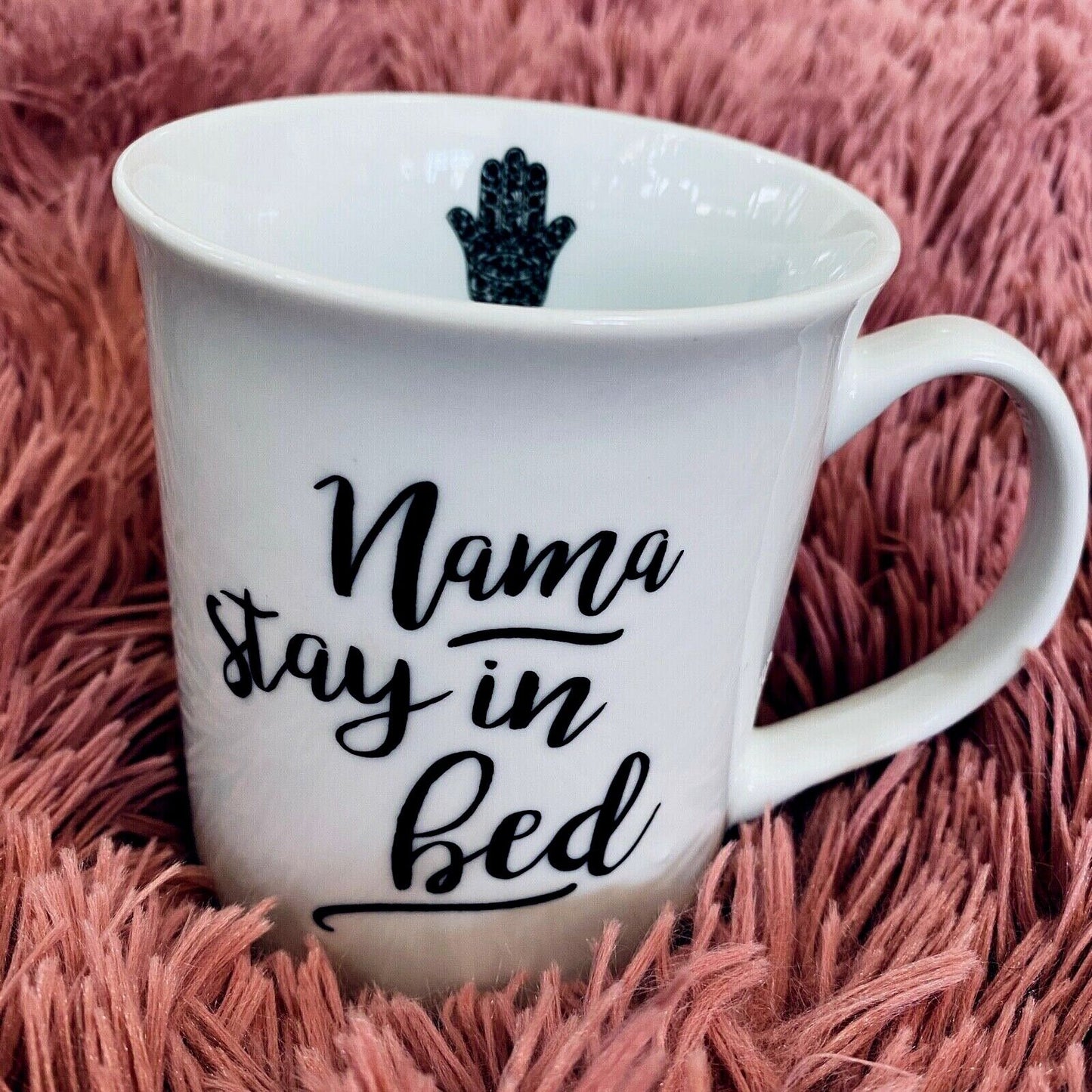 Fringe California Yoga Nama Stay in Bed 16 oz Mug Cup Black and White Yoga Hamsa
