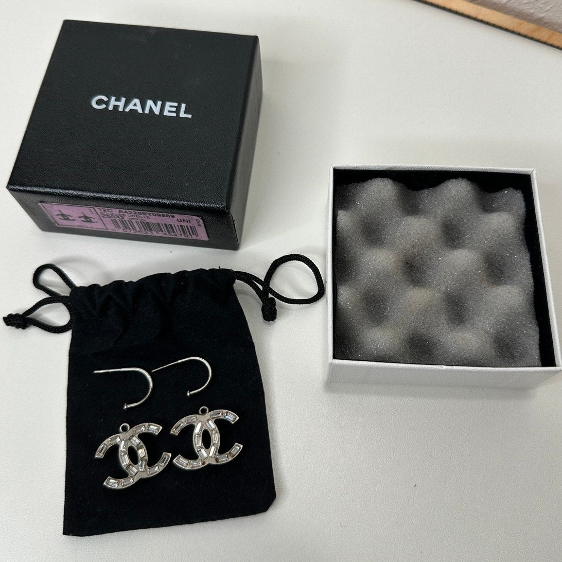 Chanel Baguette Stone Logo Silver Earrings Boucles Oreille Crystal