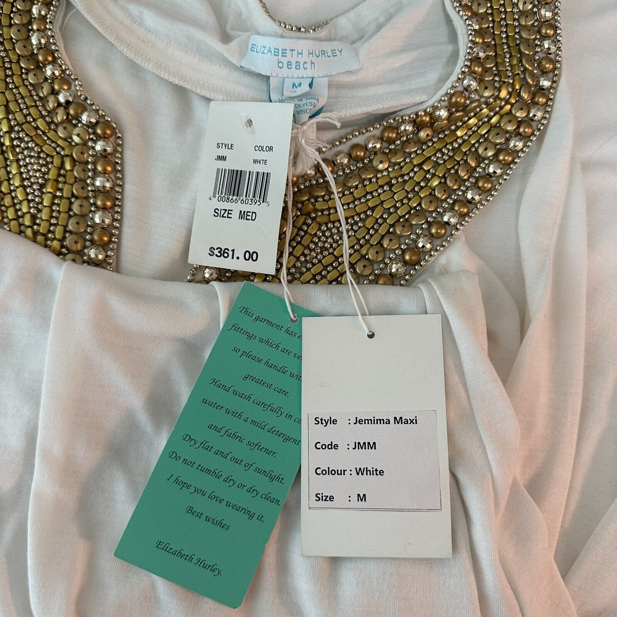 NWT Elizabeth Hurley Beach White Jemima Maxi Gold Embellished Bead Neckline Med