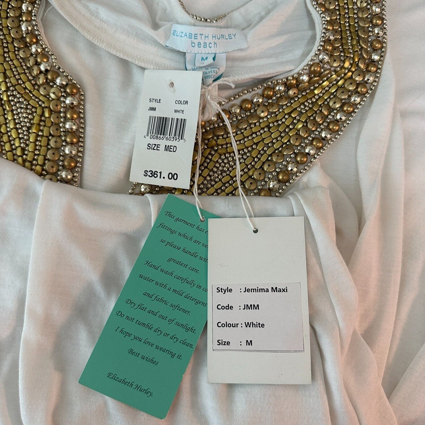 NWT Elizabeth Hurley Beach White Jemima Maxi Gold Embellished Bead Neckline Med
