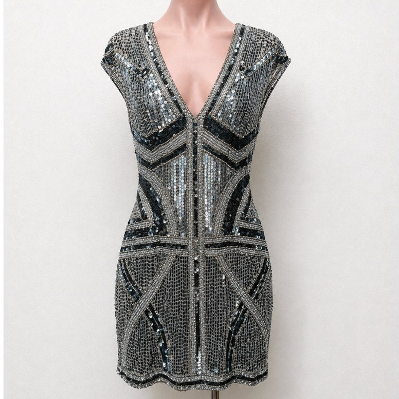Parker Gray Silver & Rose Gold Sequin Aztec Print V-Neck Cap Sleeve Mini Dress S