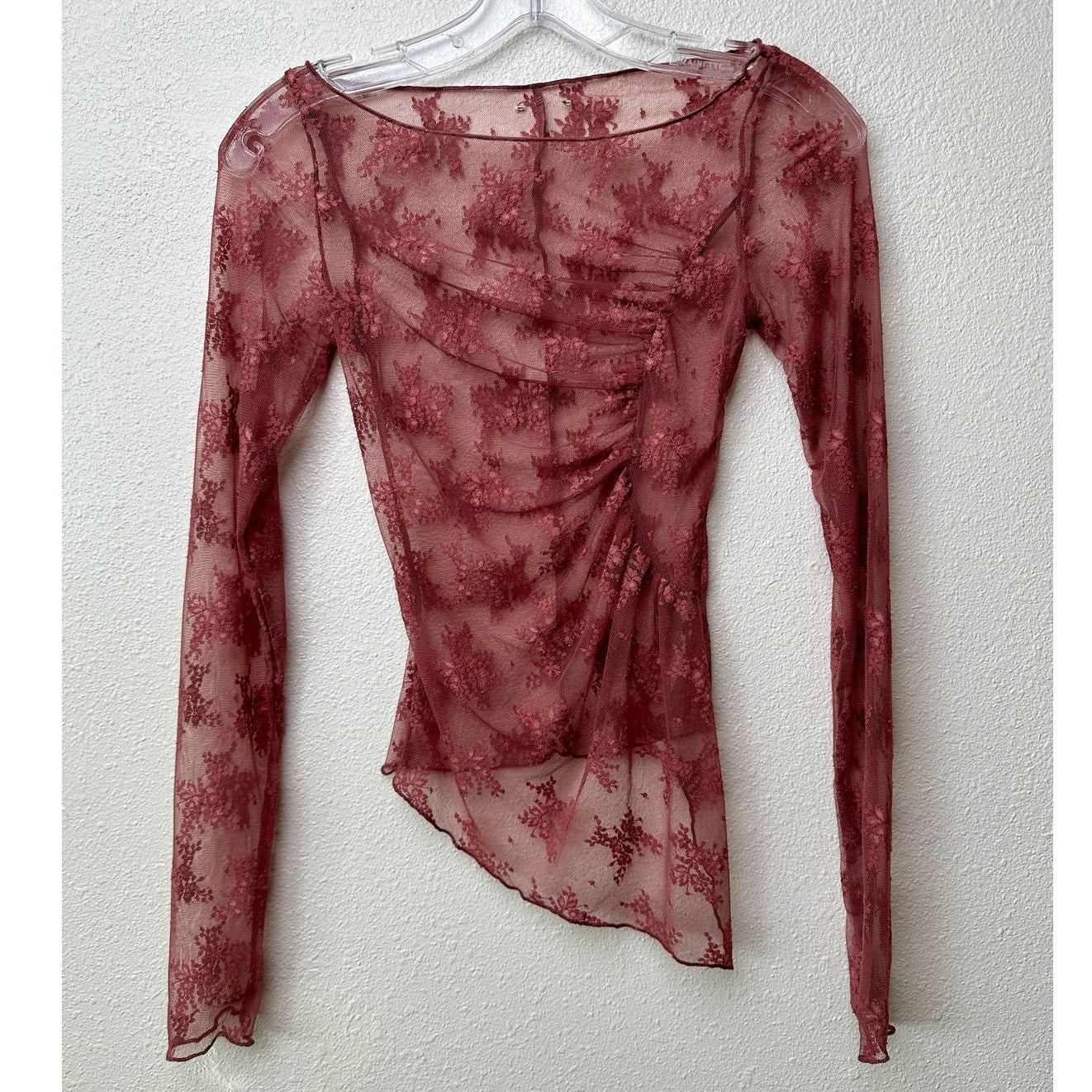 Free People Mauve Sheer Ruched Lace Top XS