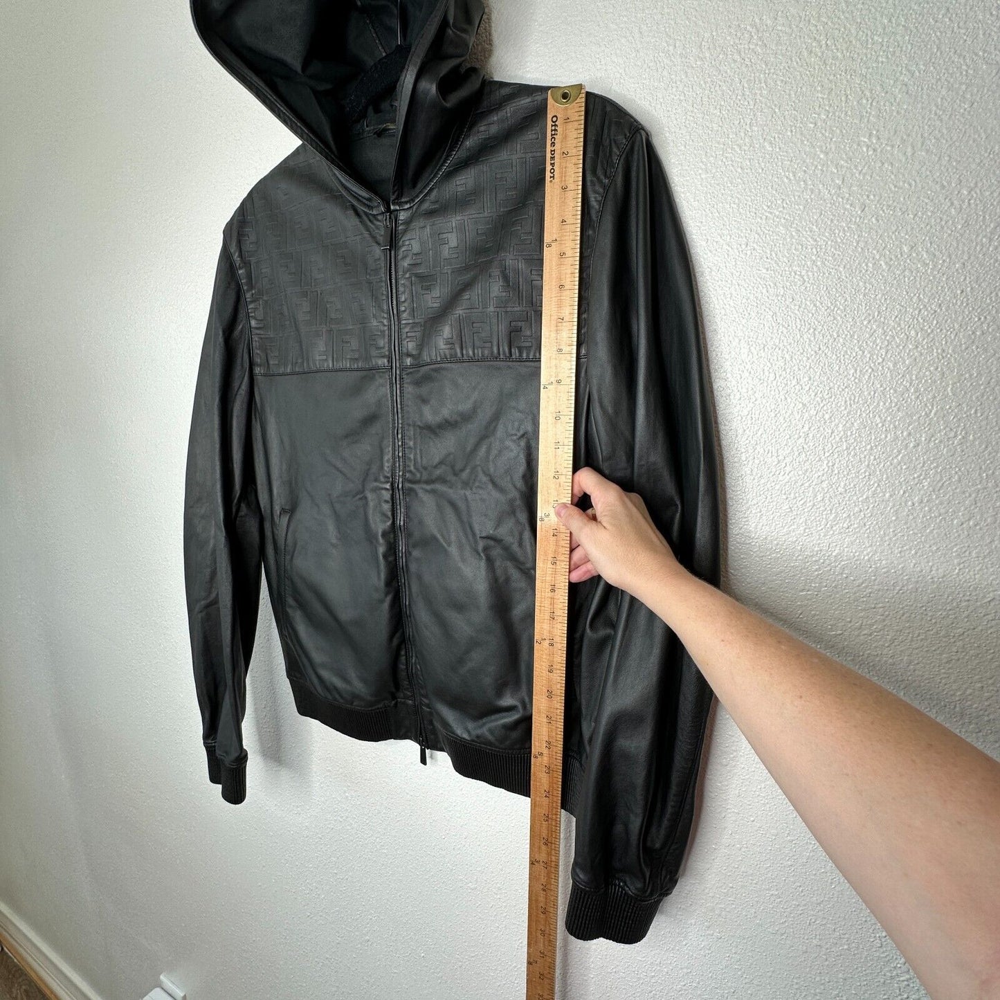 Fendi Black Soft Leather Fendi Embossed Monogram Front Long Sleeve Hooded Jacket