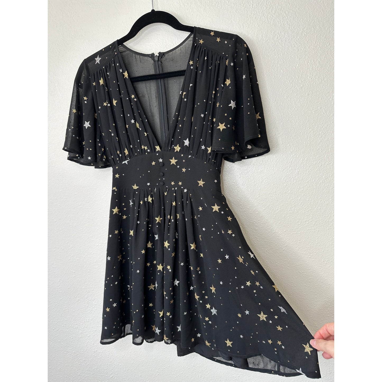 Privacy Please Ford Black Metallic Gold Silver Star Deep V Short Sleeve Dress XS