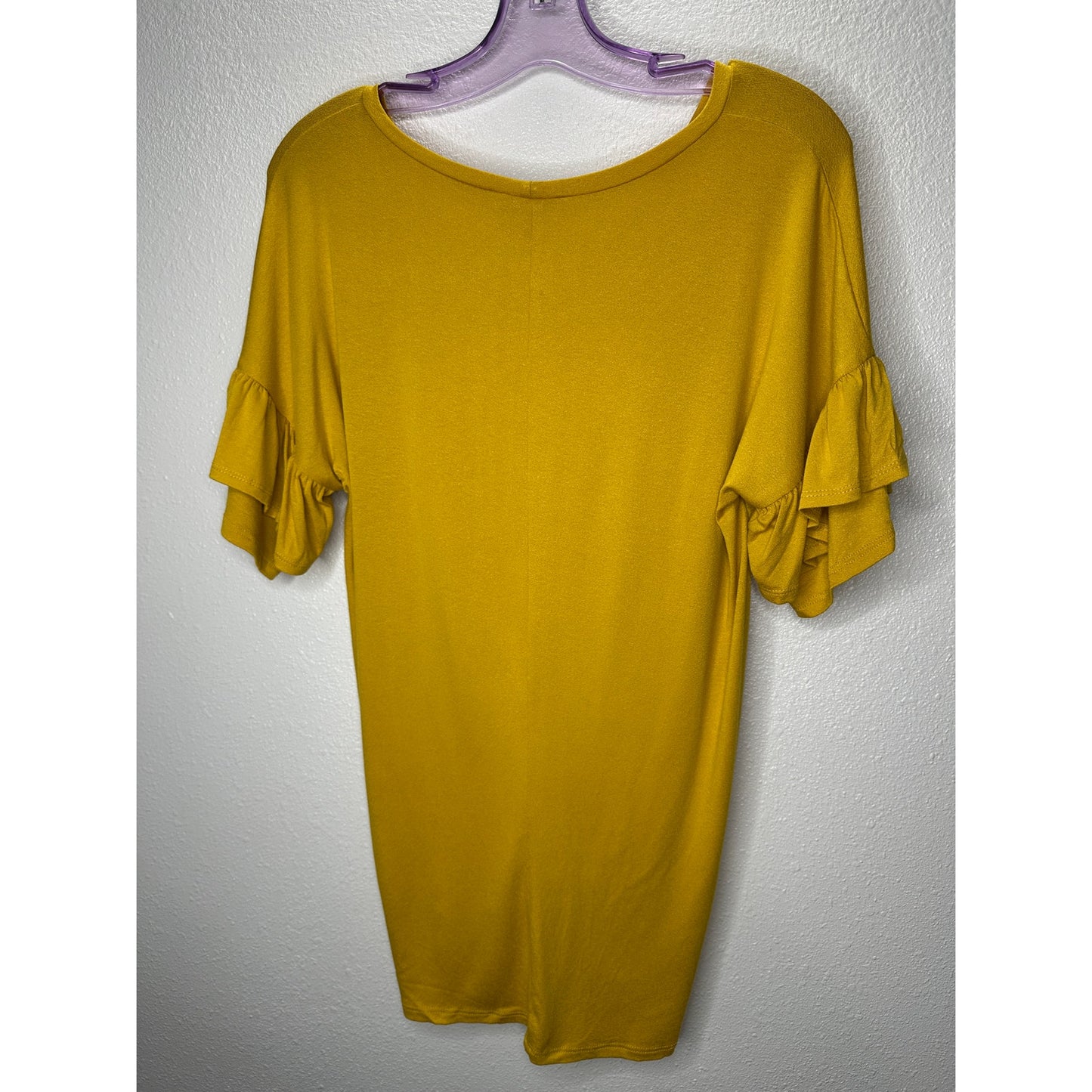 NWT Shop Basic Mustard Yellow round Neck Ruffle Sleeve Front Knot Shirt M
