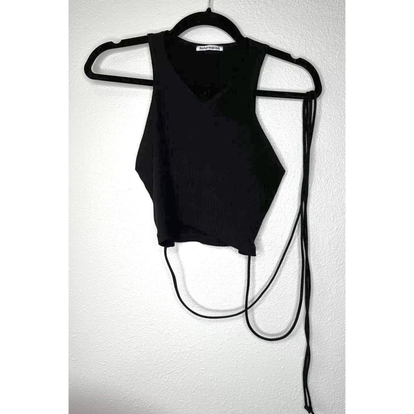 Reformation Yvie Black Ribbed Knit V-Neck Crop Tank Top Tie Wrap Around Waist S