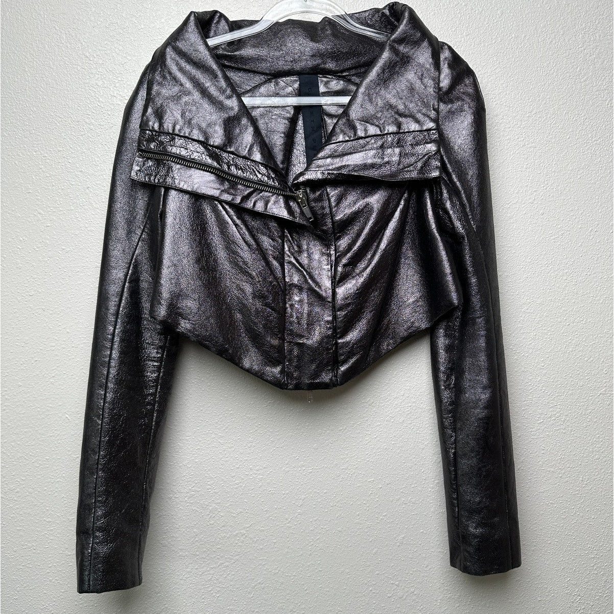 Gareth Pugh gunmetal calf leather cropped jacket women’s 10 draped zip