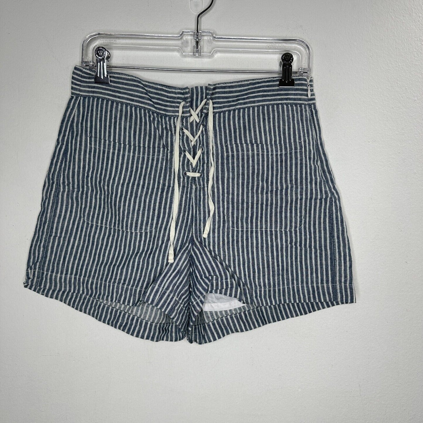 Madewell Jean Blue Off White Striped High Waist Patch Pockets Lace-Up Shorts 4