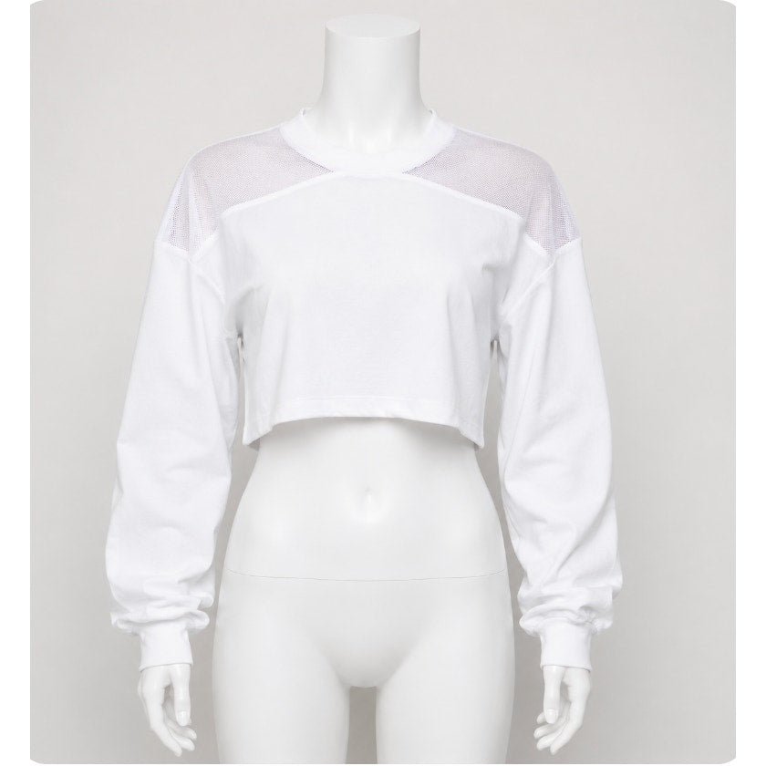 NWT Kendall & Kylie White Mesh Shoulder Raw Hem Long Sleeve Crop Blouse S