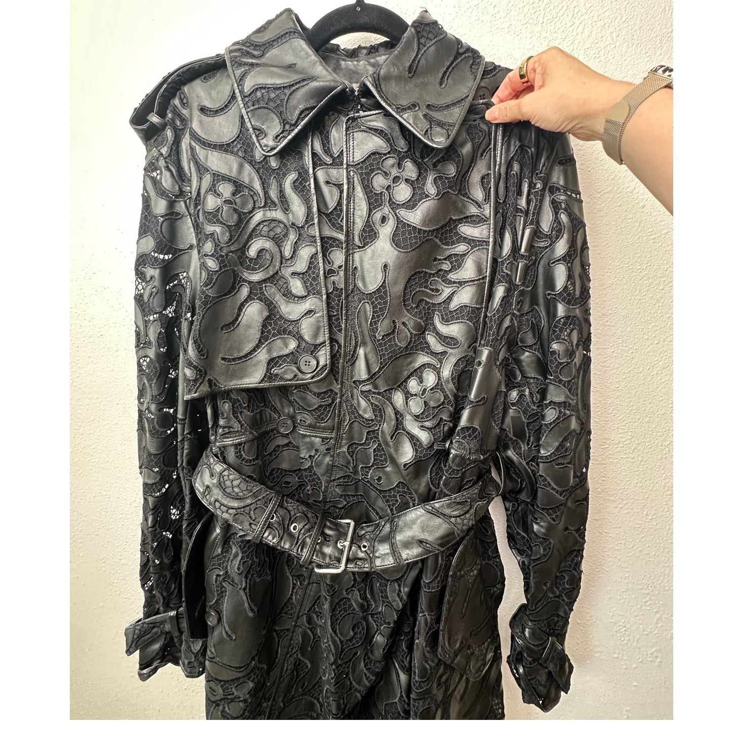 Alexander McQueen Black Leather Lace Belted Trench Coat Made in Italy 14