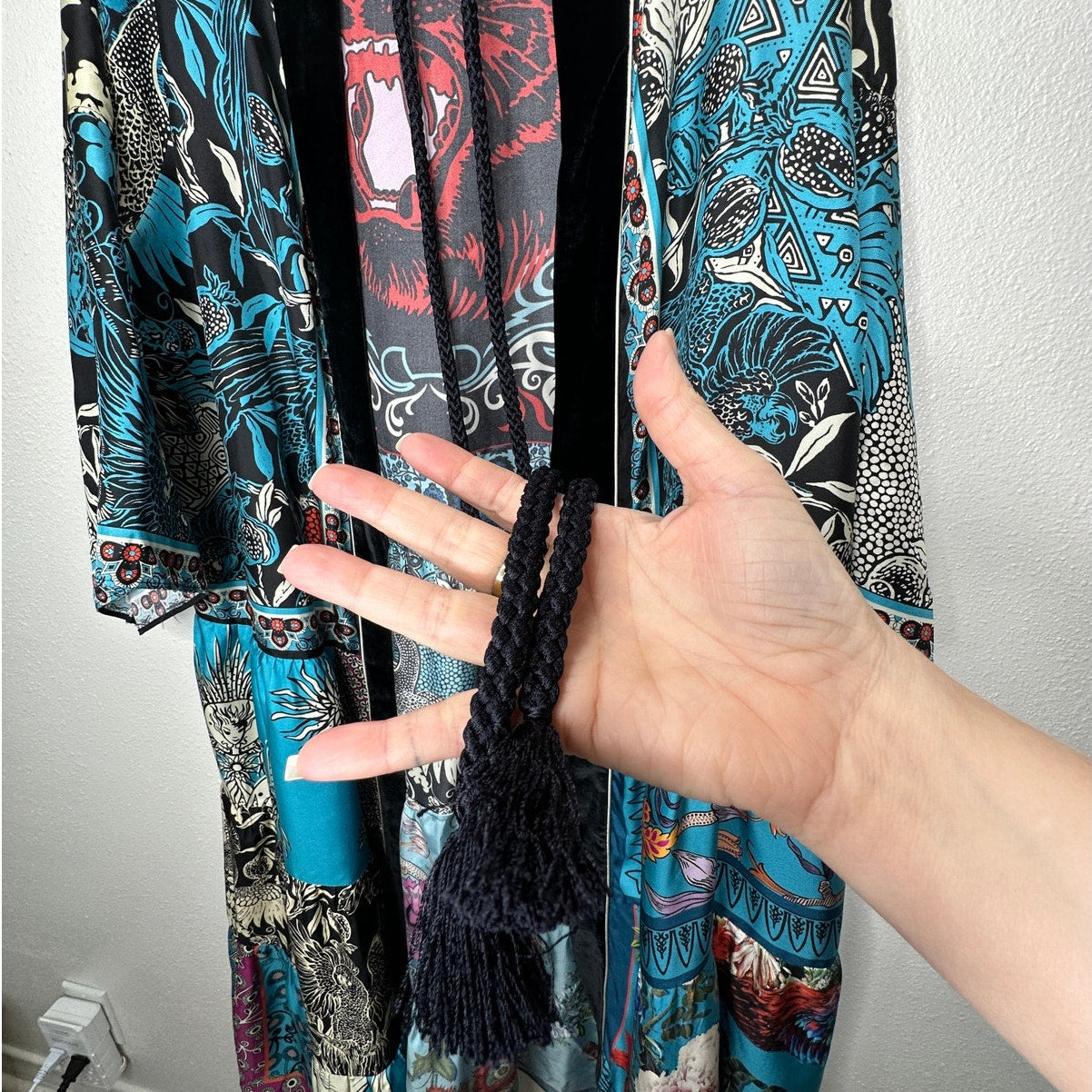 F.R.S. Cream Black Blue Red Multi Bird Floral Tiger Print Kimono M