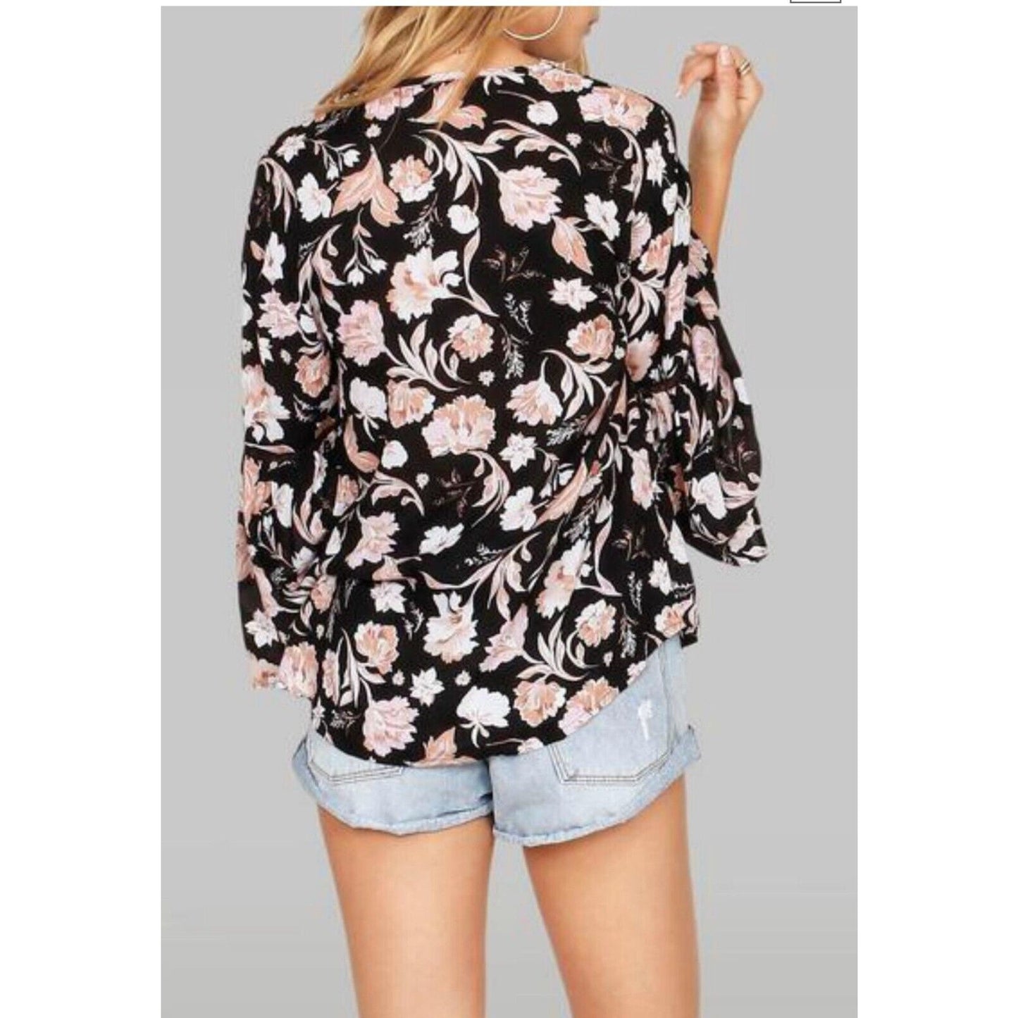 NWT Amuse Society Black Peach Pink Floral Long Bell Sleeve VNeck Boho Blouse SM