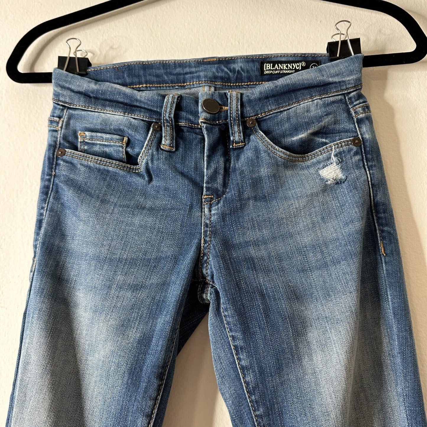 Blank NYC High Cuff Straight Medium Wash Distressed Jeans Low Rise Stretch 24