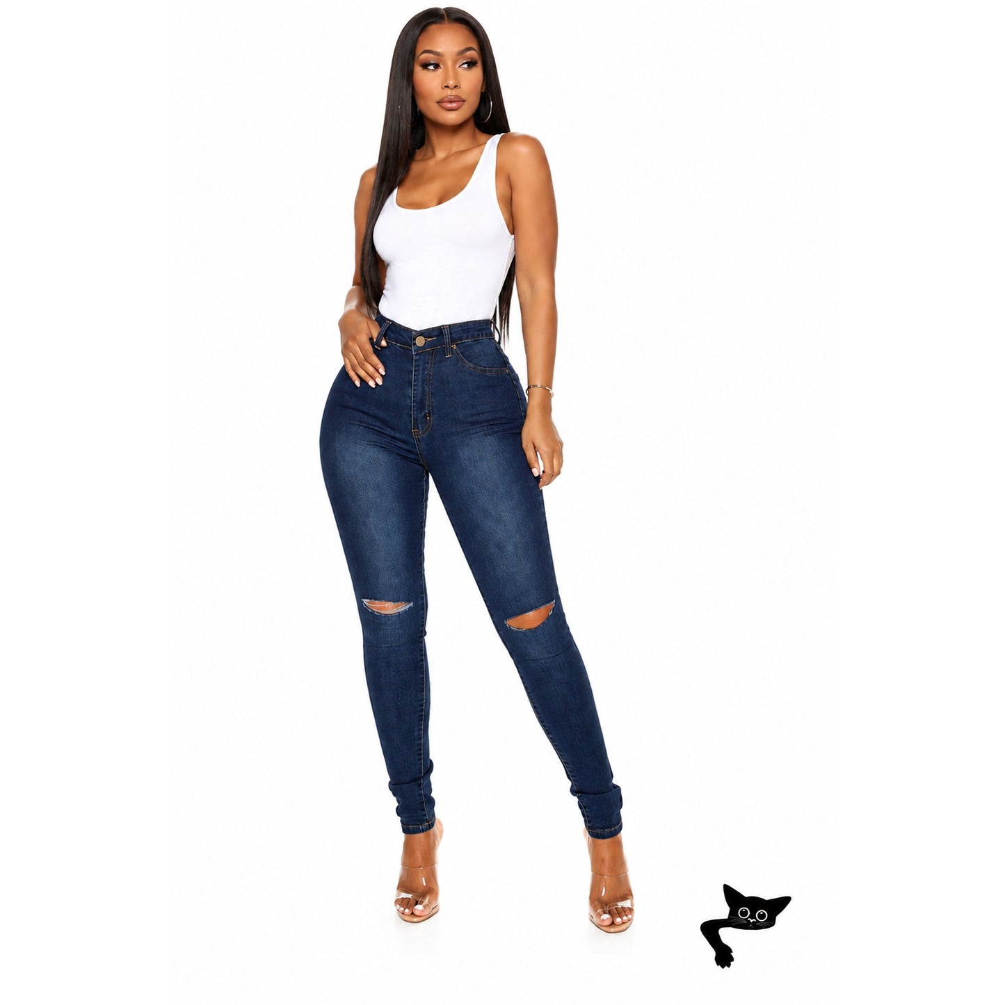Fashion Nova Medium Dark Wash High Rise Destroyed Knee Stretch Jeans 3