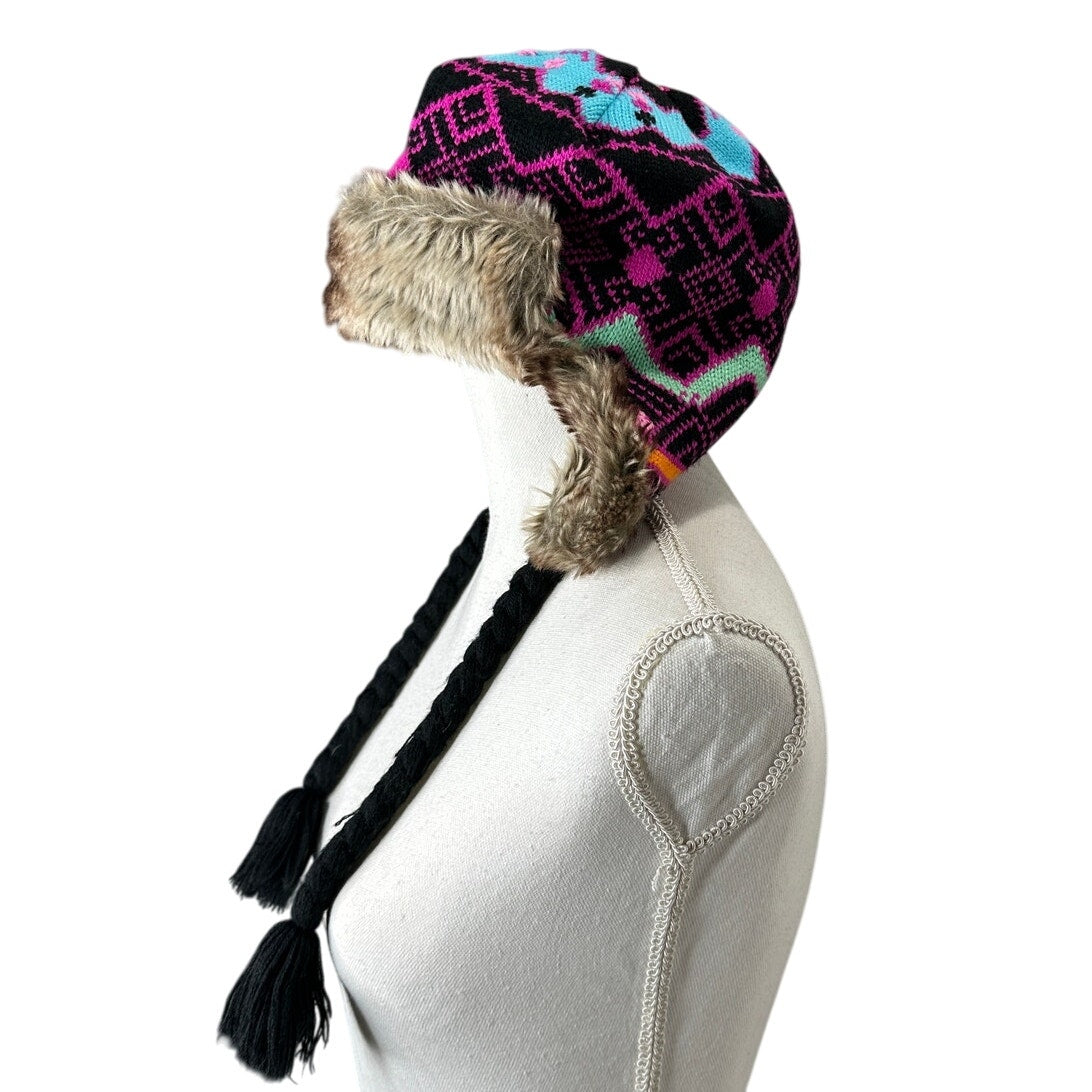 Billabong Pink Black Blue Knit with Faux Fur Trapper Hat OS