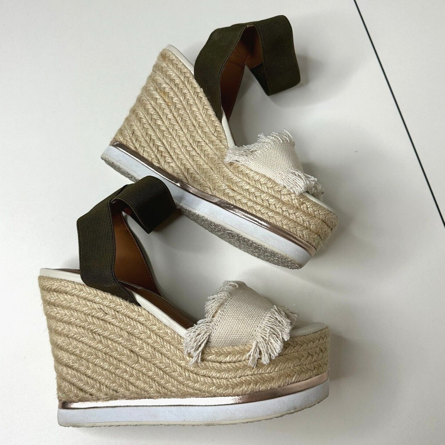 Steve Madden Venus Wedge Beige Fringed Canvas Green Ankle Espadrille Wedges 5.5