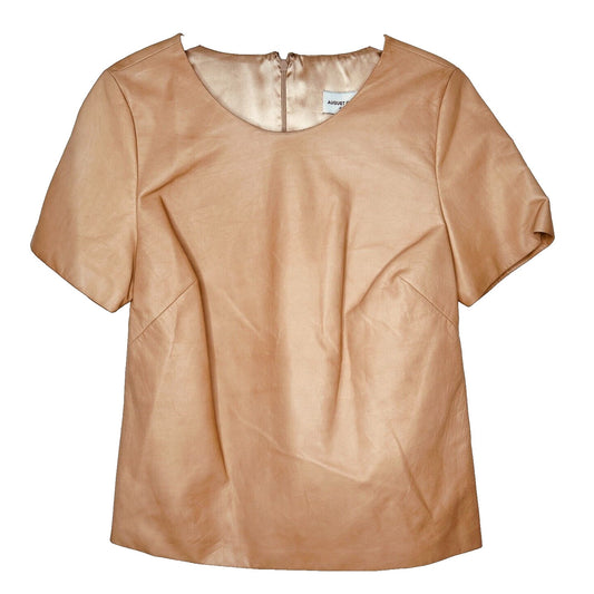 RARE August Getty Tan Leather Short Sleeve Round Neck Back Zip Silk Lining Top 4