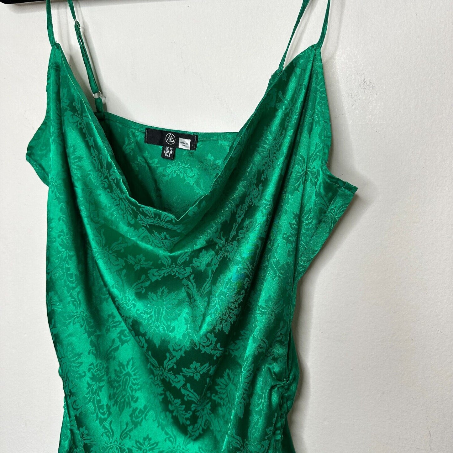 Missguided Emerald Green Satin Ruched Side Spaghetti Strap Mini Slip Dress 6