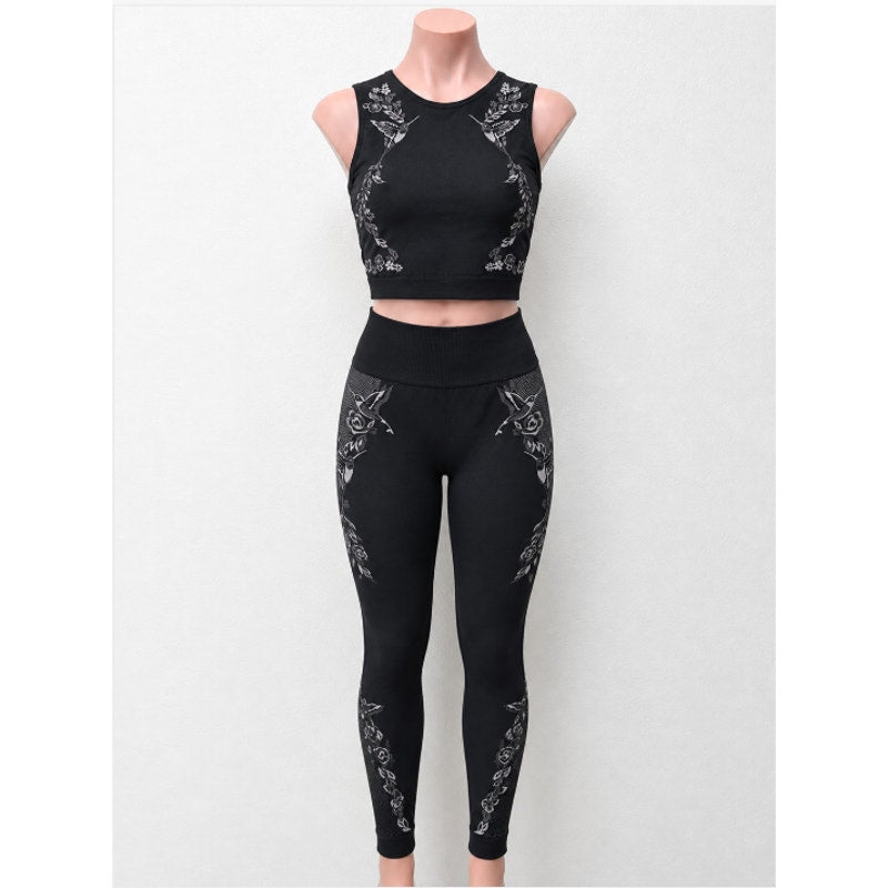 Lucas Hugh Black Technical Knit Hummingbird Crop Top & Leggings Set M