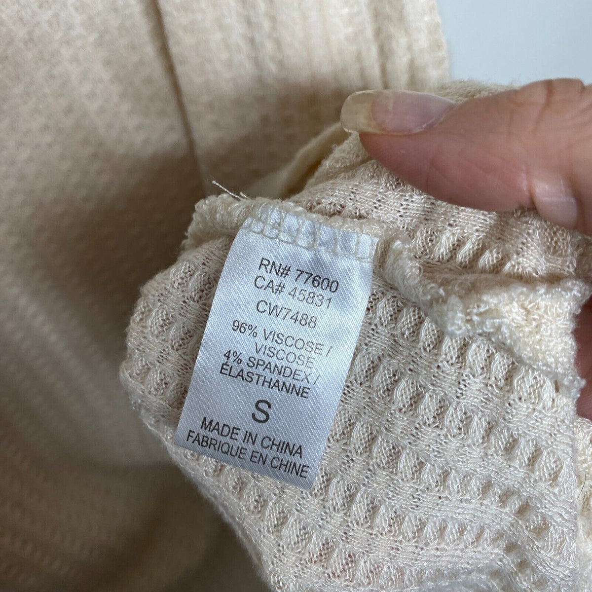Chaser Vintage Cream Thermal Raw Split Neck Long Sleeve Soft Stretchy Top S
