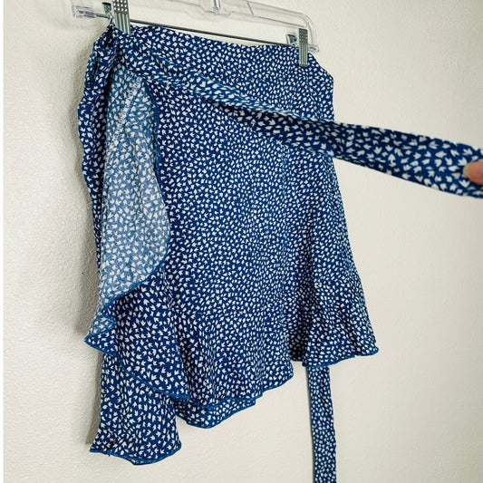 Blue & White Leaf Print Design Wrap Mini Skirt with Ruffle S