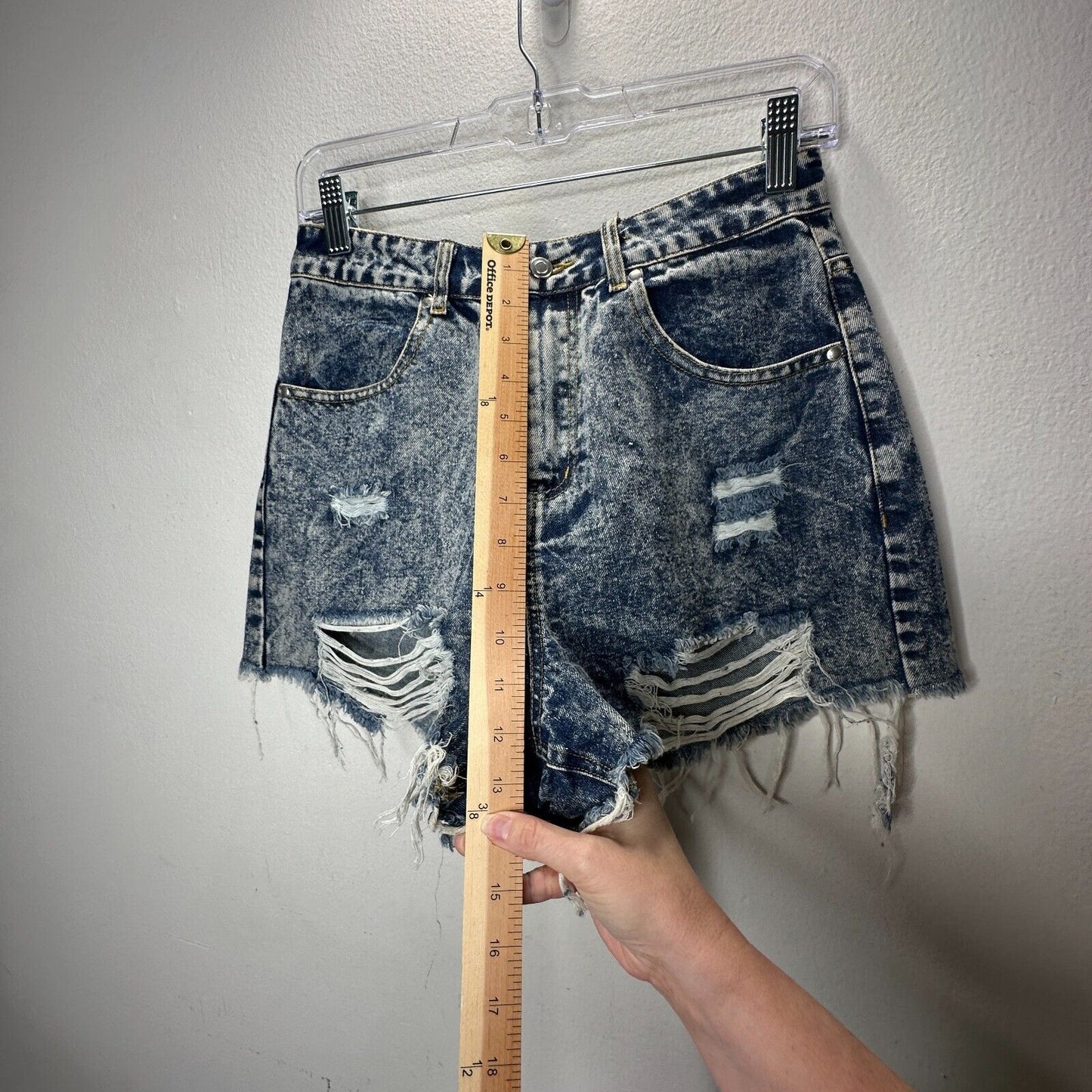 Hyfve Medium Blue Acid Wash Distressed Raw Hem High Waist Jean Shorts M